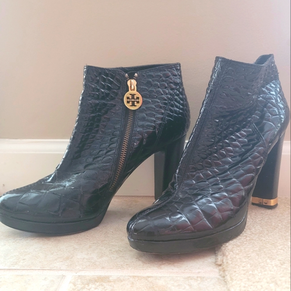 Tory Burch high heeled black booties faux crocodile